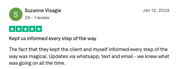 Five-star Trustpilot review from Suzanne Visagie titled “Kept us informed every step of the way”: updates via WhatsApp, text and email meant they knew what was going on the whole time.